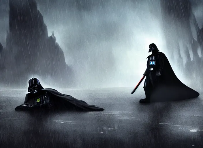Image similar to darth vader lying on the floor, beautiful landscape, dramatic lighting, cinematic, establishing shot, night time, heavy rain, extremly high detail, photorealistic, cinematic lighting, epic fight scene, post processed, concept art, artstation, matte painting, style by greg rutkowsky