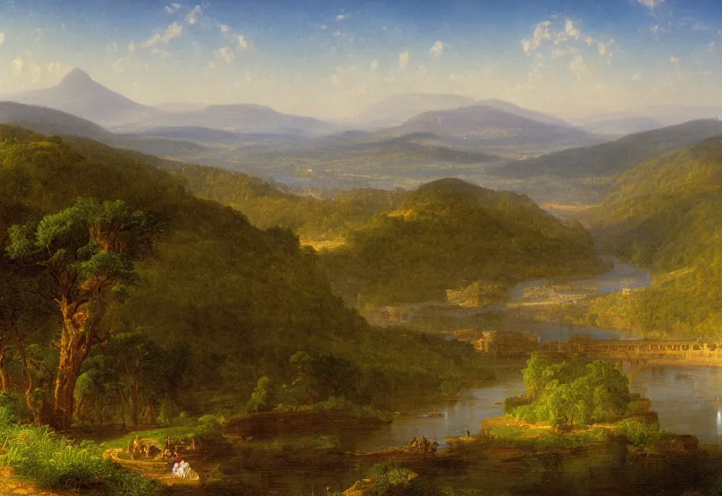 Prompt: two rivers converge to form one larger river, Appalachian forest, vibrant blue sky background with a giant classical Roman or Greek city in the background barely visible in the haze, by Cortes Thurman, Miyazaki, Thomas Cole, Albert Bierstadt,