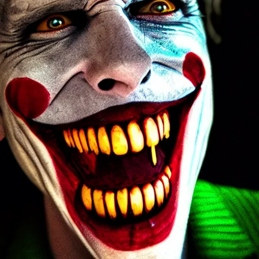 Image similar to joker, smiling, unnatural grin, horror, creepy, smoke, black, dark, glow