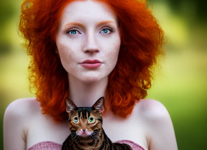 Image similar to 5 5 mm portrait photo of a redhead woman's face with ( intricate cat eyes )!!. highly detailed 8 k. intricate. lifelike. soft light. nikon d 8 5 0. cinematic post - processing