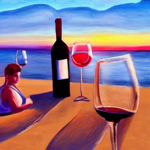 Image similar to one young man and one young woman drinking wine on a beach at sunset, beautiful colors, amazing landscape, painting