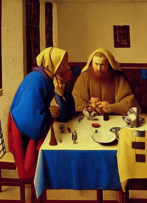 Image similar to Young man at the table with young pretty blonde girl at the crowded inn. Medieval painting by Jan van Eyck, Johannes Vermeer, Florence