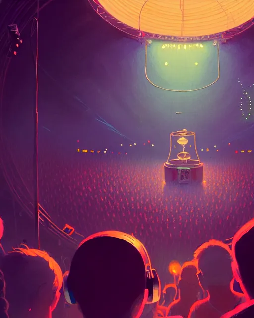 Image similar to tomorrowland, hyper - realistic portrait of a man in a hoodie, in the center of a stage of a music festival, intricate, 4 k, by atey ghailan, by greg rutkowski, by greg tocchini, by james gilleard, by joe fenton, by kaethe butcher, dynamic lighting, lighting color scheme, sharp focus, grunge aesthetic