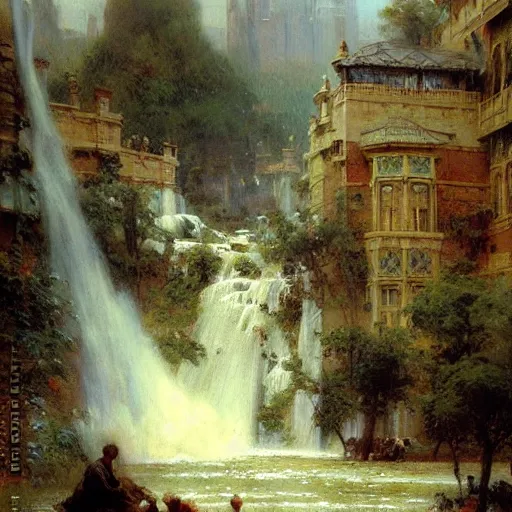 Image similar to waterfall flooding an entire city. victorian age. highly detailed painting by gaston bussiere, craig mullins, j. c. leyendecker