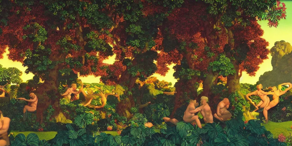 Image similar to a vaporwave landscape of the Garden of Eden by Maxfield Parrish, vaporwave style, digital art 8k