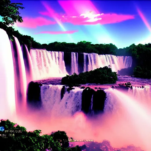 Image similar to iguazu falls, retrowave epic art, trending on art station