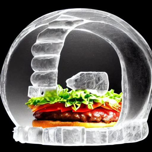 Prompt: a clear ice sculpture of a burger made entirely of ice, 4 k