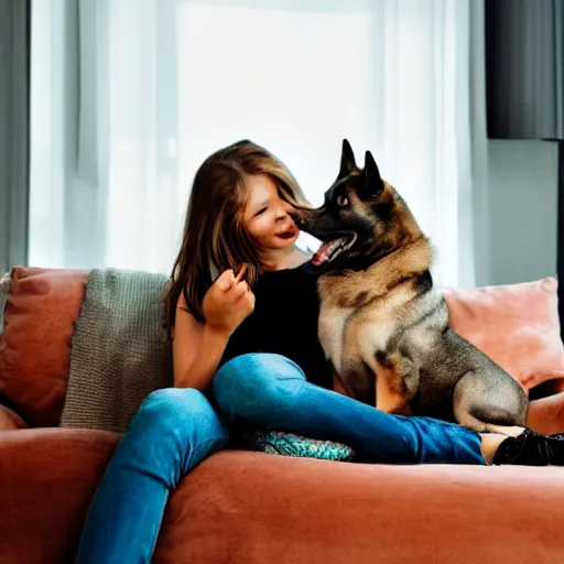 Image similar to a photo of a beautiful girl with a cute dog on her lap in a cozy living room