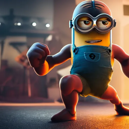 Prompt: A muscular strong Minion on a studio shot, artistic pose, artstation, behance, movie shot, photorealistic, ultra detailed, depth of field, Vibrant colors, cinematic, dark atmosphere, sharp focus, bokeh, 100mm