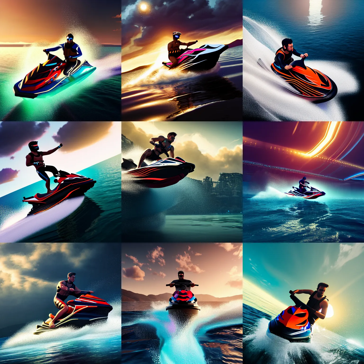 Prompt: a full body painting of a [ man riding jetski ], intricate, epic lighting, cinematic composition, hyper realistic, 8 k resolution, unreal engine 5, by artgerm, tooth wu, dan mumford, beeple, wlop, rossdraws, james jean, andrei riabovitchev, artstation