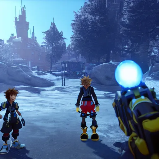 Image similar to Kingdom Hearts 3 as a First Person Shooter game with a HUD, Fallout 4 inspired screenshot of kingdom hearts 3, unreal engine 4, stunning visuals with rtx on, trending on artstation, Disney Square Enix and Fortnite Crossover