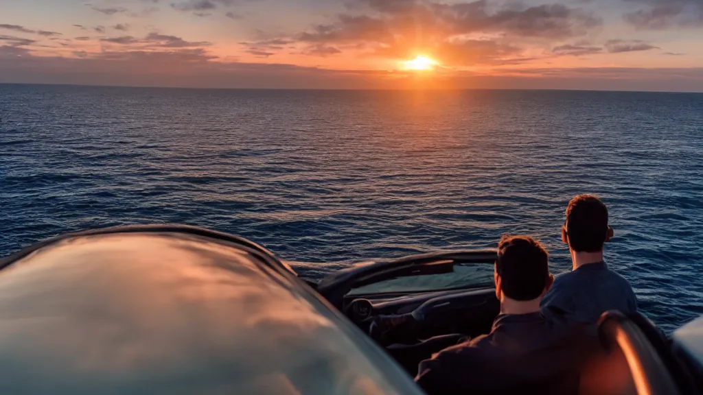 Prompt: a movie still of a man sitting on the roof of a car while driving through the ocean at sunset, golden hour