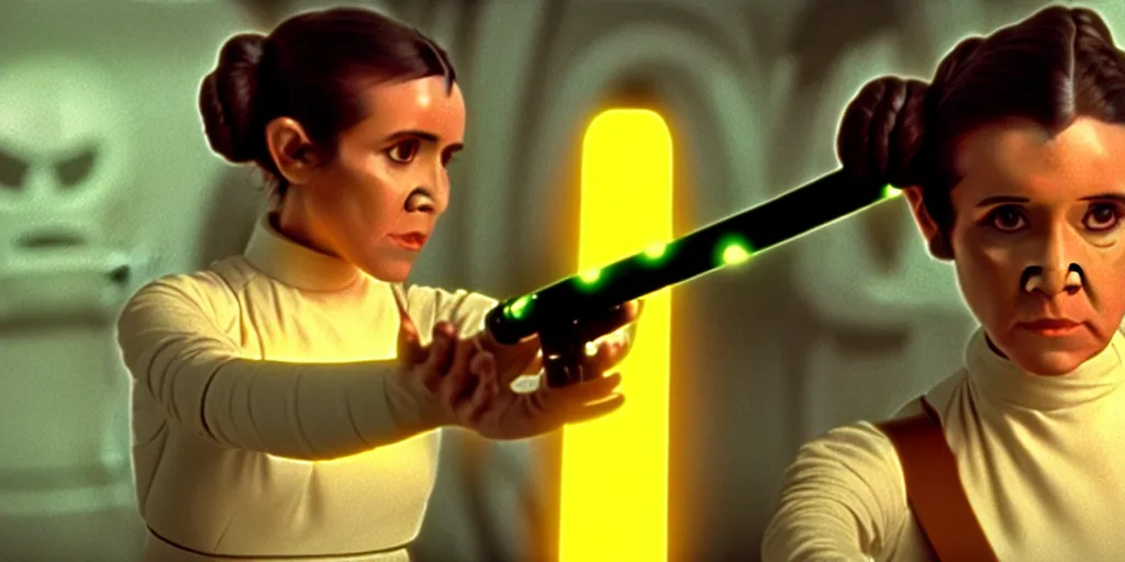 Prompt: screenshot portrait solo shot of Princess Leia training to use a yellow lightsaber at a new Jedi Temple scene from The Force Awakens, 1970s film by Stanley Kubrick, serene, iconic scene, stunning cinematography, hyper detailed, sharp, anamorphic lenses, kodak color film, 4k