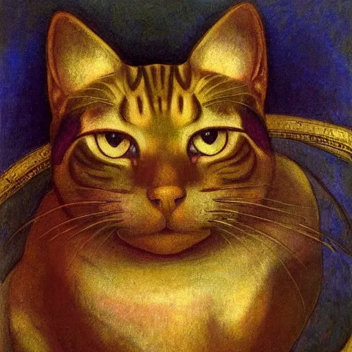 Image similar to cloisonne cat head, by annie swynnerton and diego rivera and nicholas roerich and jean delville, symbolist, dramatic lighting, god rays, elaborate geometric ornament, art brut, rich colors, smooth, sharp focus, extremely detailed, adolf wolfli and ( donato giancola )