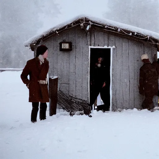 Image similar to a group of people is stuck in a hut while outside there’s a strong snowstorm, cinematic, movie still, film, movie, 35mm, award winning photography