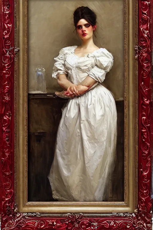 Image similar to Solomon Joseph Solomon and Richard Schmid and Jeremy Lipking victorian genre painting full length portrait painting of a young beautiful woman traditional german barmaid in fantasy costume, red background