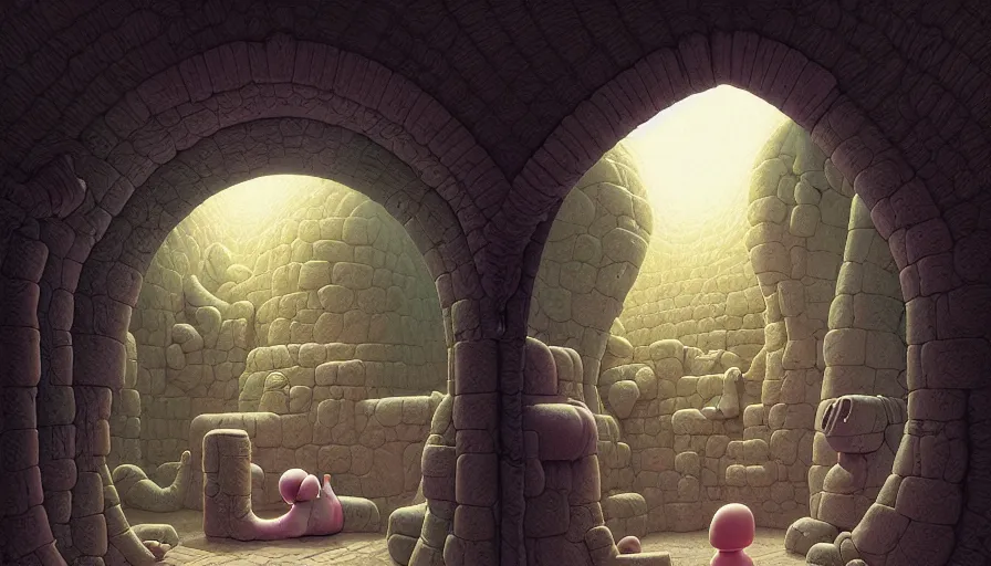 Prompt: typography ruined crypt, by kaws, studio ghibli by tim hildebrandt, michael whelan, background environment. sharpen. an intricate, elegant, highly detailed digital painting, concept art, smooth