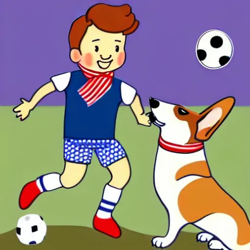 Image similar to illustration of french boy in paris playing football against a corgi, the corgi is wearing a polka dot scarf