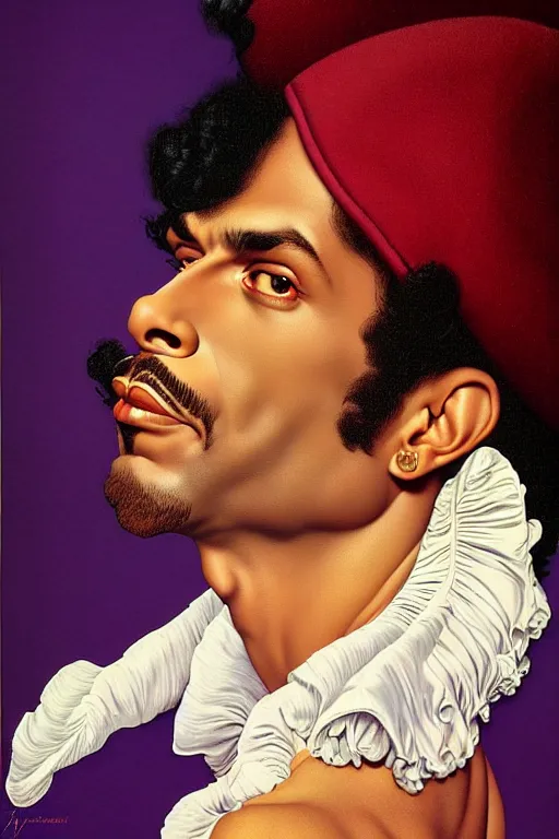 Image similar to prince rogers nelson portrait by gil elvgren and norman rockwell and rob gonsalves and hajime sorayama, hyperrealistic, high detail, ultra detailed, highly detailed face, ruffled fabric