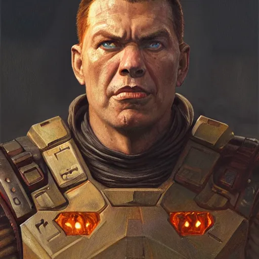 Image similar to the doomguy as a realistic d & d fantasy character, closeup portrait art by donato giancola and greg rutkowski, vintage retro, realistic face, digital art, trending on artstation, symmetry!!