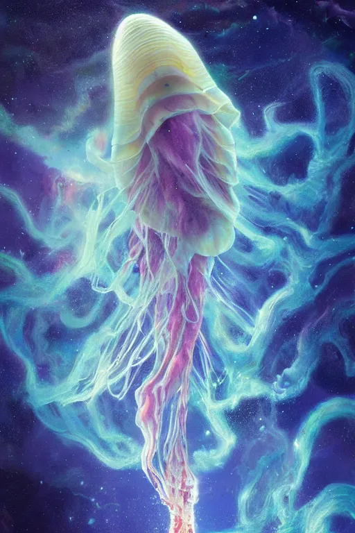 Image similar to a dancer marbled tornado jellyfish by artgem and greg rutkowski, highly detailed, high contrast, light reflection, trippy, nebula, trending on artstation