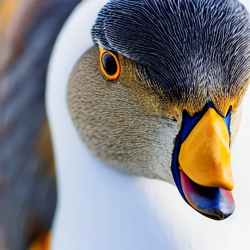 Image similar to A high detail closeup shot of a duck wearing a suit