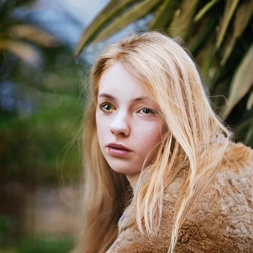 Image similar to aero ektar lens. shallow depth of field. head to waist portrait photograph of an extremely beautiful!!!! young blonde female. symetric face. round detailed eyes. with a very detailed barn owl! on her shoulder., petzval lens. in a tropical greenhouse. featured on flickr, art photography, photo taken with provia,