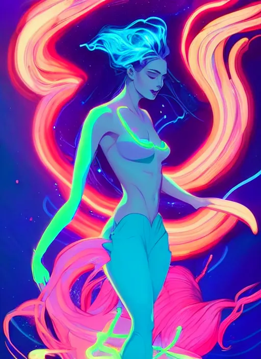 Image similar to style artgerm, joshua middleton, illustration, mermaid wearing neon clothing, blue hair, swirling water cosmos, fantasy, dnd, cinematic lighting