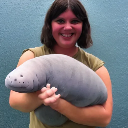 Image similar to incredibly fantastically stupendously fluffy tiny pygmy baby manatee being cradled by a person, realistic, fantasy, pet, adorable, national geographic