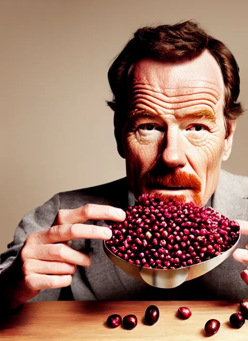 Image similar to bryan cranston eating cranberries, cranberry helmet, hamster cheeks, studio light, bloom, detailed face, magazine, press, photo, steve mccurry, david lazar, canon, nikon, focus