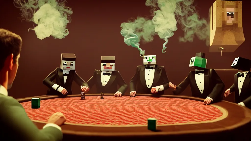 Image similar to hyperrealism simulation highly detailed human turtles'wearing detailed tuxedos and smoking, playing poker in surreal scene from minecraft movie from future by wes anderson and denis villeneuve and mike winkelmann rendered in blender and octane render