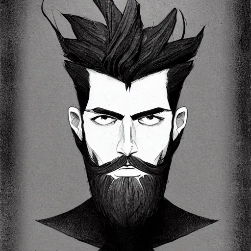 Image similar to very attractive man with beard, body full, strong masculine features, 3/4 front view, slim, short hair, 35 years old, one android eye, sophisticated clothing with some steampunk elements, gesture dynamic, command presence, royalty, weathered face, smooth, sharp focus, organic, appealing, book cover, deep shadows, by Dave McKean sketch lineart for character design