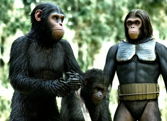 Prompt: film still of Christian Bale as George Taylor in Planet of the Apes 1968