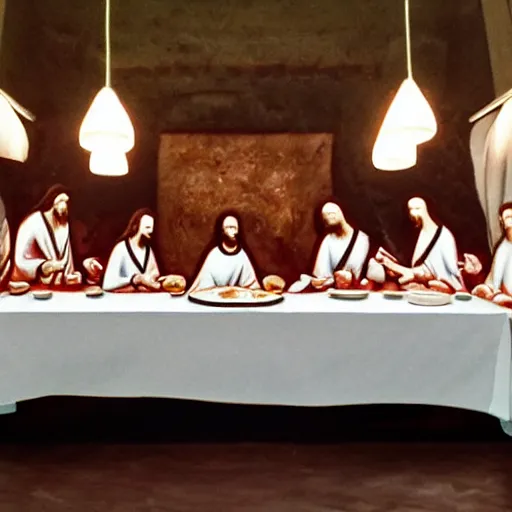 Prompt: eating pizza at the last supper