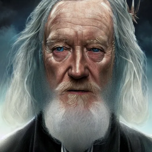 Image similar to a close up portrait of Richard Harris as Dumbledore, focused gaze, art station, highly detailed, concept art