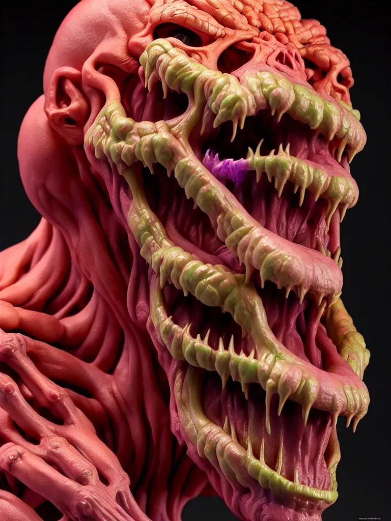 Image similar to hyperrealistic rendering, fat smooth cronenberg flesh monster skeletor by donato giancola and greg rutkowski and wayne barlow and zdzisław beksinski, product photography, action figure, sofubi, studio lighting, colored gels