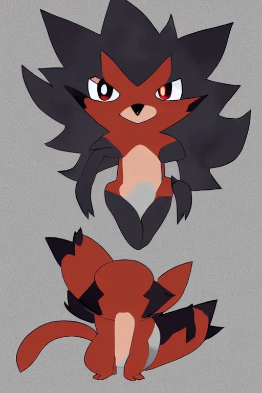 Image similar to zorua pokemon, stylised fox - like appearance, black and auburn colour pallet, thick furry neck and chest fluff, stylised 🖌 - like hair, pokemon concept art with multiple angles, super detailed, clean lines, digital art