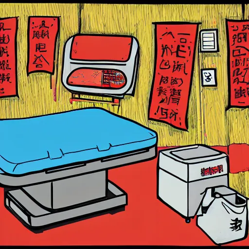 Image similar to surgery operating table, in the style of daniel johnston and outsider art, 8 k, line brush, overlaid with chinese adverts