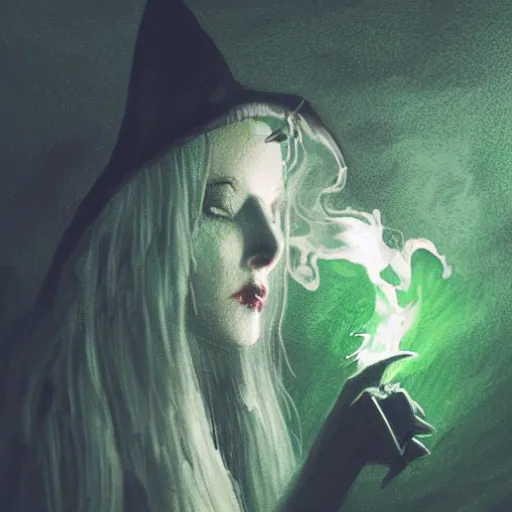 Image similar to close shot of a witch in her lair brewing a magical potion, depressing, gloomy, tired, detailed, witch hat, dungeon, green smoke, fire, smoke, realism, realistic, hyper detailed, green lighting, ambient lighting, green smoke, fog, smoke, cinematic lighting, haze, bokeh, trending on artstation, detailed face, symmetric face, mythical, colorful, pop art, vector art, retro,