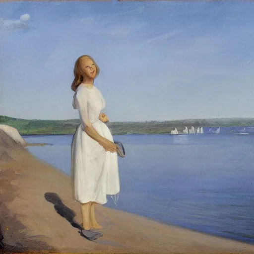 Prompt: a young woman wearing a white dress on a Swedish beach, a small rowboat is visible, in the style of zorn