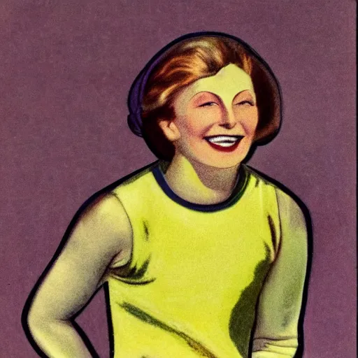 Image similar to a 1 9 2 8 color drawing portrait. happy, healthy, smiling, sporty, glowing, teenage greta garbo in athletic wear with big smile and healthy teeth. colorful, realistic, high quality.