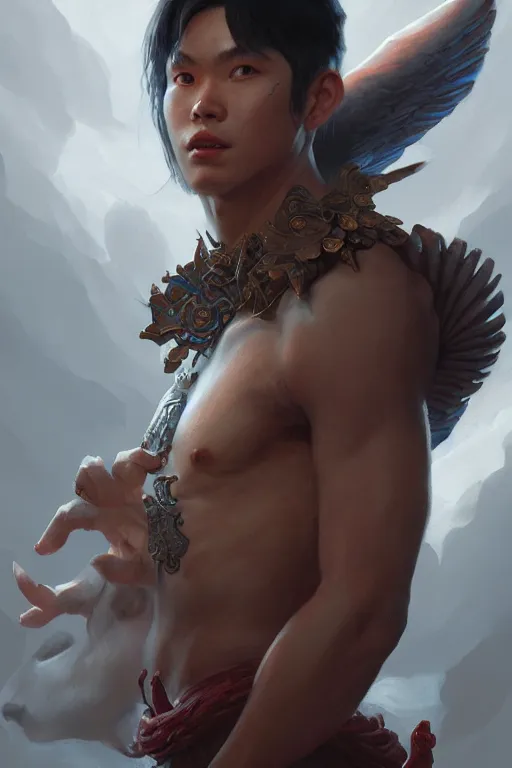 Image similar to young male god of the vietnamese, highly detailed, digital painting, artstation, concept art, smooth, sharp focus, illustration, unreal engine 5, 8 k, art by artgerm and greg rutkowski and edgar maxence