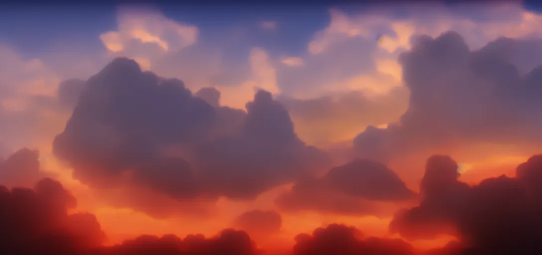 Image similar to peaceful puffy cloud with sunset in the background, matte painting, trending on artstation, artstationHQ, unreal engine, 4k, 8k, anime style