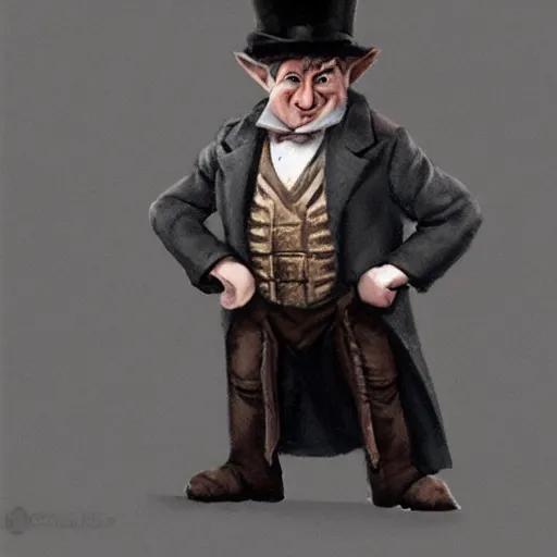 Prompt: an old halfling wearing a suit and top hat, character art, matte painting, D&D