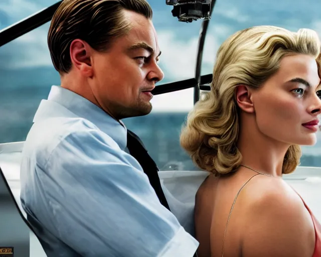 Image similar to leonardo dicaprio as the wolf of wall street next to margot robbie as naomi from the wolf of wall street in a helicopter, hyper realistic faces, beautiful eyes, cinematic, long shot, hyper detailed, 8 5 mm photograph, 8 k resolution, film still, sharp lens, wide lens