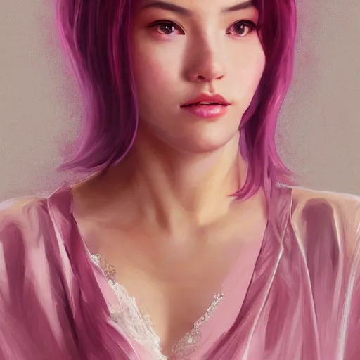 Prompt: portrait of cassandra cain wearing silk nightgown, pink hair, attractive, casual, modern, victoria's secret, highly detailed, digital painting, artstation, concept art, smooth, sharp focus, illustration, art by artgerm, greg rutkowski and alphonse mucha