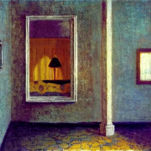 Prompt: haunted room of ivory and gold filigree, film still by edward hopper, by Bosch, by klimt, art noveau, highly detailed, strong lights, liminal, eerie, Bright pastel colors