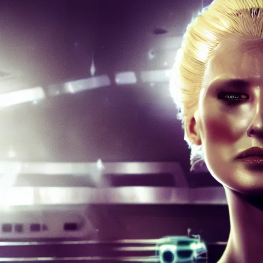 Image similar to panorama of a very pretty blond borg queen on a borg ship, cybernetic implants, perfect face, symmetrical face, moody lighting, shallow depth of field,