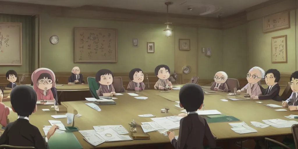 Prompt: a wholesome animation key shot of a conference room full of notes like a board room case by studio ghibli, nicoletta ceccoli, mark ryden, lostfish, max fleischer, detailed and intricate environment, bloom, 8 k resolution, hyperrealistic, octane render, vivid colors, bright, cheerful, detailed and intricate environment