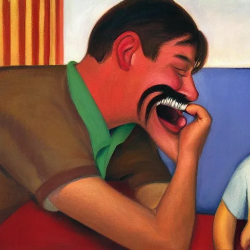 Image similar to long shot of a man with brown hair and mustache laughing with a short brown hair boy with red shirt by pj crook, edward hopper, oil on canvas